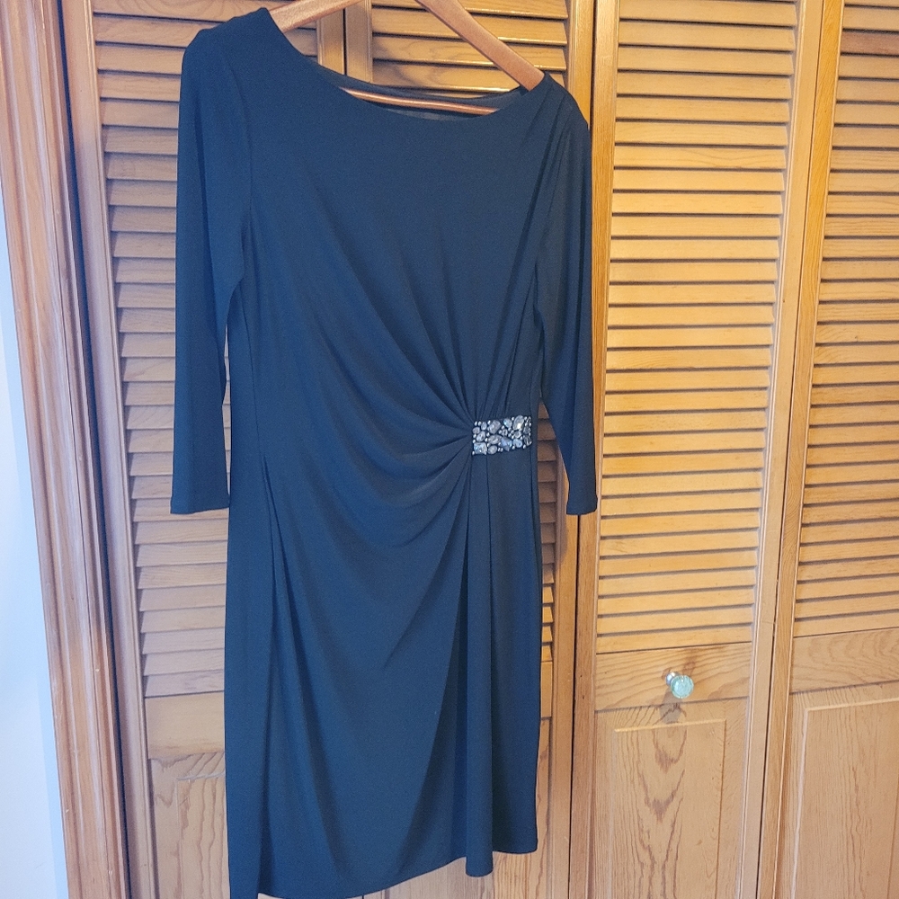 Jones & Co. Black Faux Wrap Dress with Embellished Details